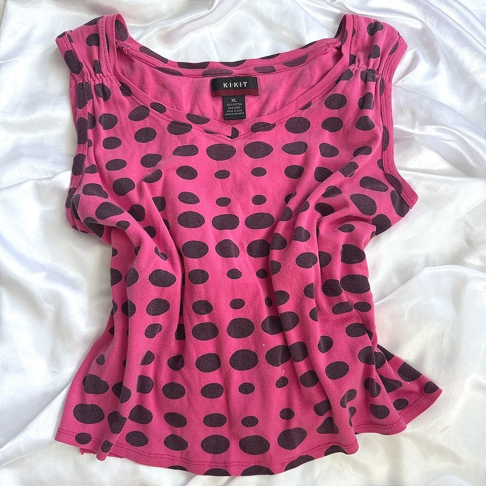 KIKIT Pink Purple Polka Dot Sleeveless V-Neck Cotton Top XL Y2K Retro Tank